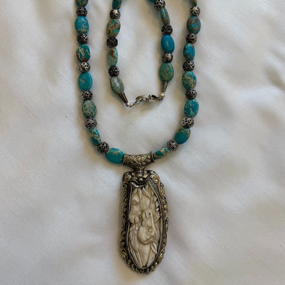 Turquoise Necklace w/ Carved Bone Horse Head Pendant 31 inches in Length